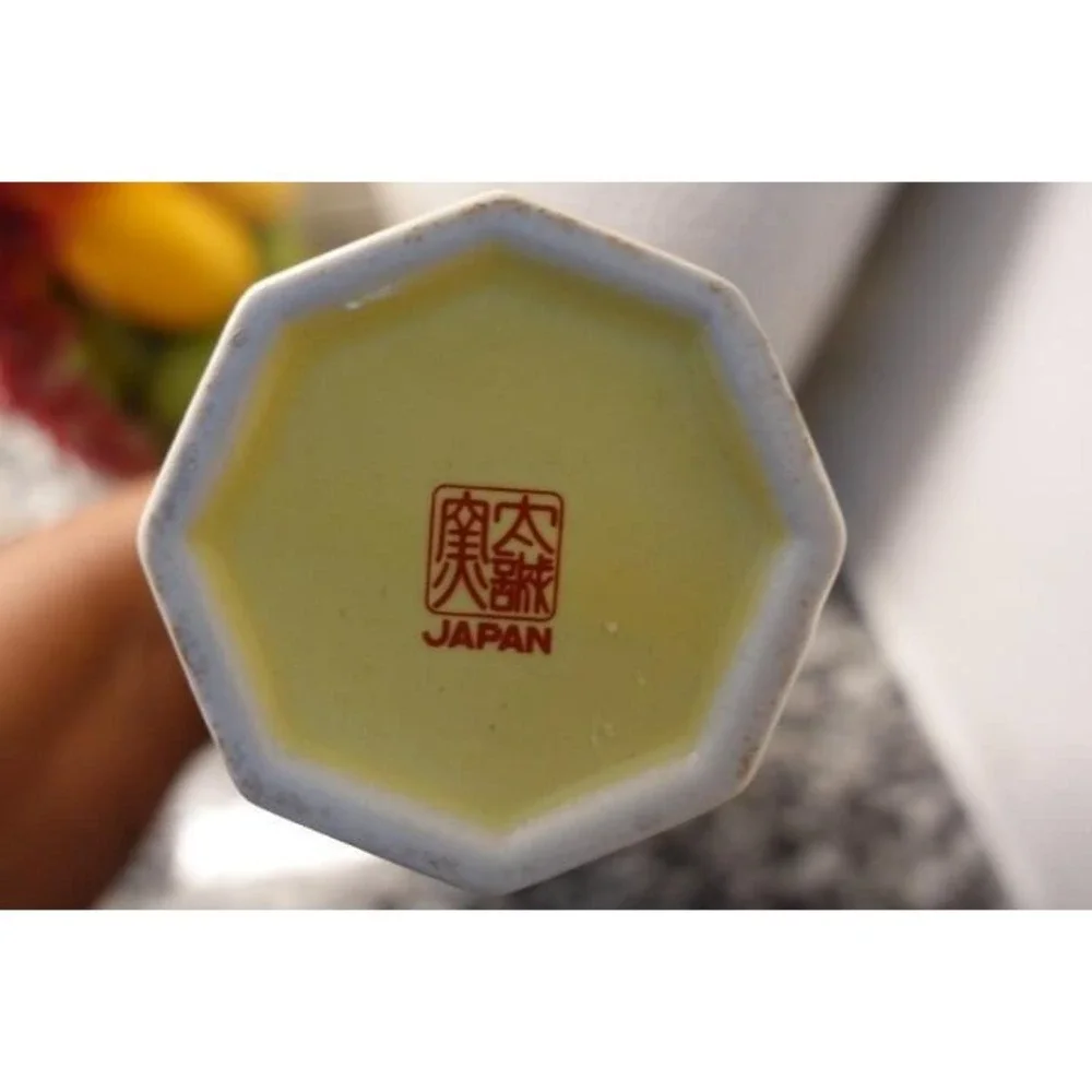 Vintage‎ Japanese Mustard Yellow Hexagonal Vase Gold Rickshaw Floral Art 6